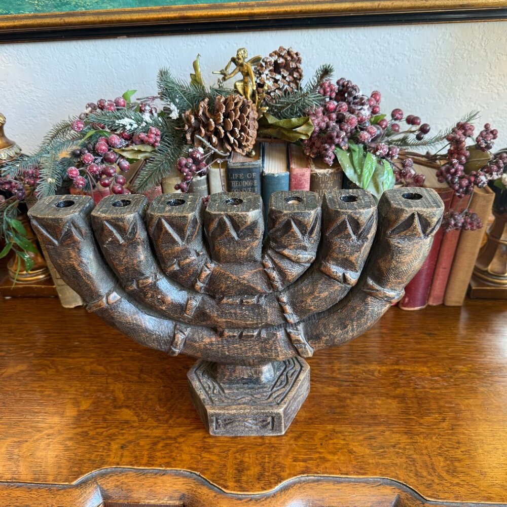 Vintage Large Carved Wood 7 Branch Menorah/Candelabra Signed - Picture 3 of 17